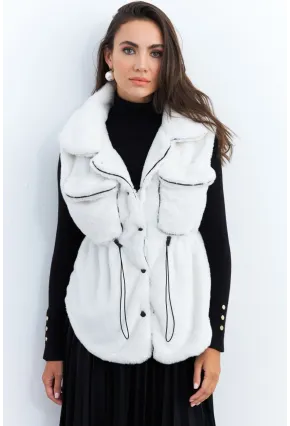 Kadın Ekru Suni Kürk Cepli Yelek MK66
