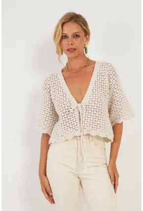 Kadın Ekru Triko Ajurlu Hırka YV255