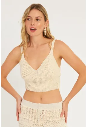 Kadın Ekru Triko Crop Bluz KZ2507