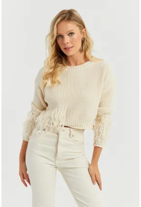 Kadın Ekru Triko Kısa Kazak YZ526