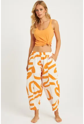 Kadın Ekru-Turuncu Desenli Keten Şalvar Pantolon K1253