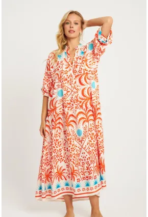 Kadın Ekru-Turuncu Desenli Midi Elbise GÇ169