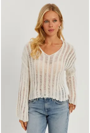 Kadın Ekru V Yaka Ajurlu Triko Bluz YV233
