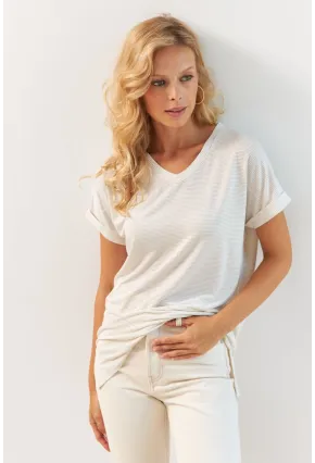 Kadın Ekru V Yaka Bluz RX439