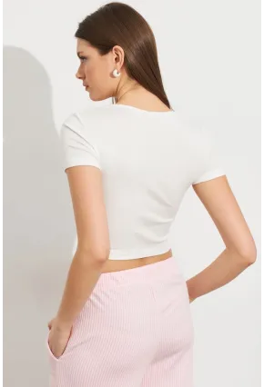 Kadın Ekru V Yaka Crop Bluz TOP101