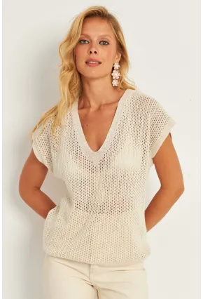 Kadın Ekru V Yaka Fileli Bluz SMT230