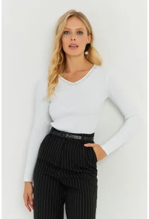 Kadın Ekru V Yaka Fitilli Triko Bluz SMT216