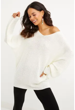 Kadın Ekru V Yaka Salaş Oversize Triko Tunik SMT158
