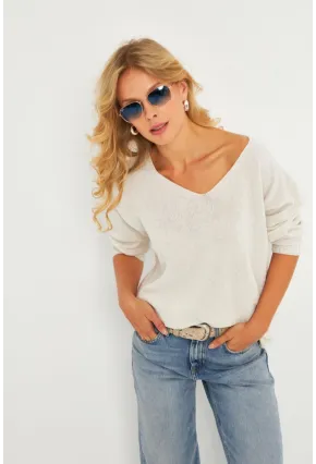 Kadın Ekru V Yaka Triko Bluz YV282