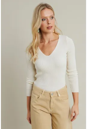 Kadın Ekru V Yaka Triko Bluz YV284