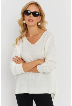 Kadın Ekru V Yaka Triko Kazak YİL549