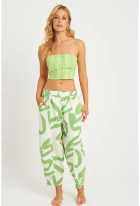 Kadın Ekru-Yeşil Desenli Keten Şalvar Pantolon K1253