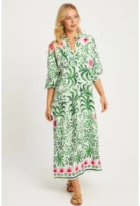 Kadın Ekru-Yeşil Desenli Midi Elbise MGÇ169