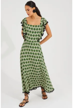 Kadın Ekru-Yeşil Sırtı Gipeli Kare Yaka Elbise BK1650