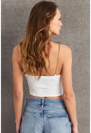 Kadın Ekru Zincir Askılı Crop Bluz LİT100