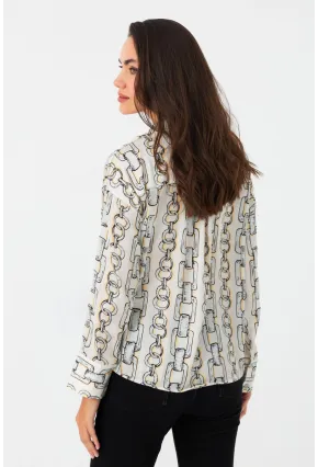 Kadın Ekru Zincir Desenli Saten Gömlek SHR9