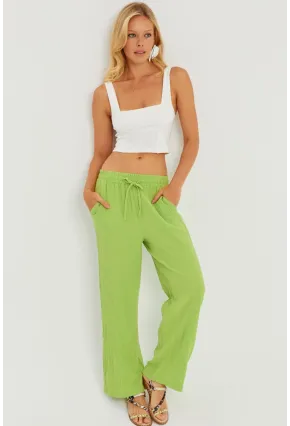 Kadın Fıstık Yeşil Beli Lastikli Bürümcük Pantolon ZER405