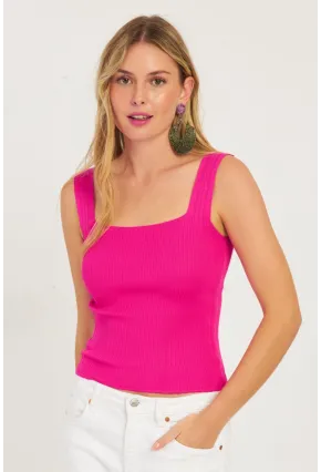 Kadın Fuşya-Beyaz İkili Kare Yaka Triko Bluz SMT226