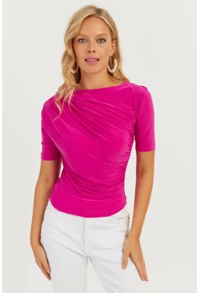 Kadın Fuşya Büzgülü Bluz YZ623