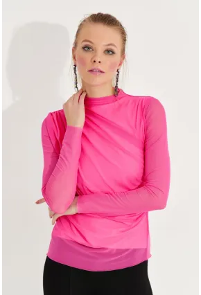 Kadın Fuşya Büzgülü Drapeli Tül Bluz LPP1244