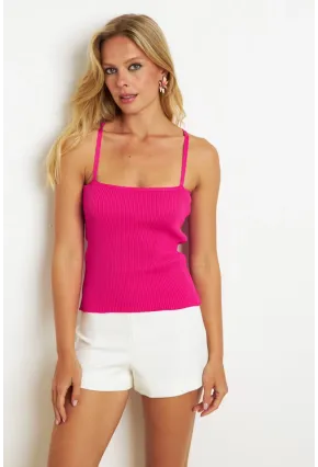 Kadın Fuşya Çapraz Askılı Triko Bluz KAZ07