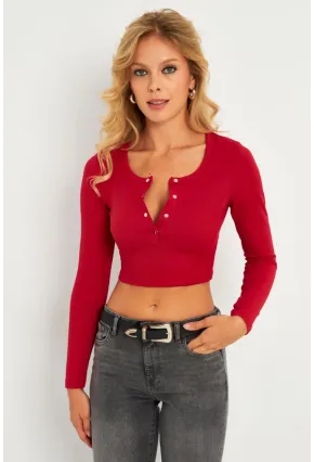 Kadın Fuşya Çıtçıtlı Crop Bluz CG379