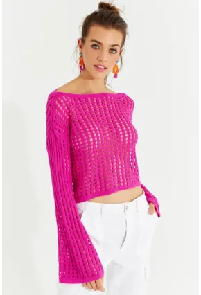 Kadın Fuşya İspanyol Kol Ajurlu Triko Kısa Bluz SMT181