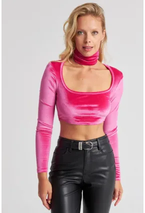 Kadın Fuşya Kare Yaka Boyunluklu Kadife Crop Bluz B2867