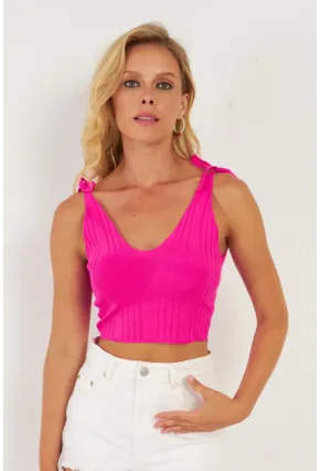 Kadın Fuşya Omuzları Bağlamalı Triko Bluz YV260