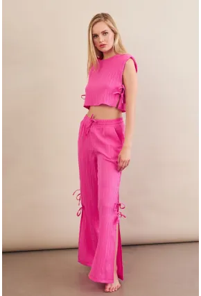 Kadın Fuşya Omuzları Vatkalı Bağlama Detaylı Alt Üst Takım KED002