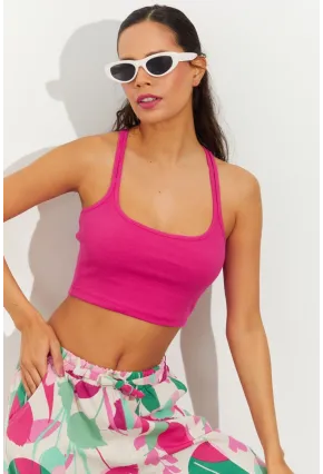 Kadın Fuşya Sırtı Halkalı Kaşkorse Crop Bluz B2552