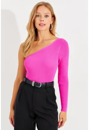 Kadın Fuşya Tek Omuz Triko Bluz YV204