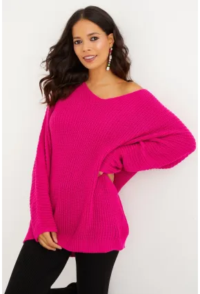 Kadın Fuşya V Yaka Salaş Oversize Triko Tunik SMT158