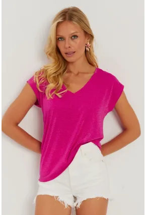 Kadın Fuşya V Yaka Simli Bluz RX436