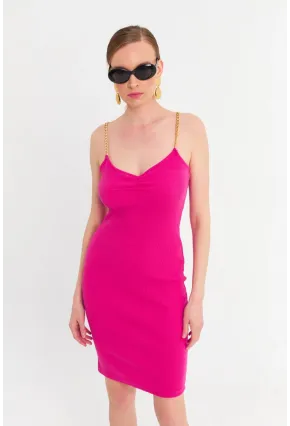 Kadın Fuşya Zincir Askılı Kaşkorse Midi Elbise UR204