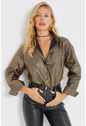 Kadın Gold Rengi Çizgili Parlak Gömlek SF2531