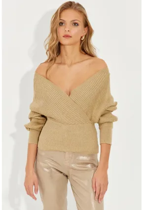 Kadın Gold Rengi Kruvaze Simli Kazak KED125