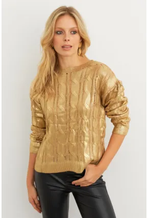 Kadın Gold Rengi Saç Örgülü Vatkalı Triko Bluz RM618