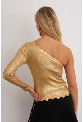 Kadın Gold Rengi Tek Omuz Merdiven Yaka Triko Bluz RM631