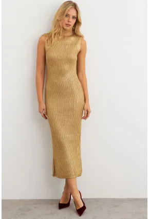 Kadın Gold Rengi Varaklı Balıkçı Maxi Elbise RM599