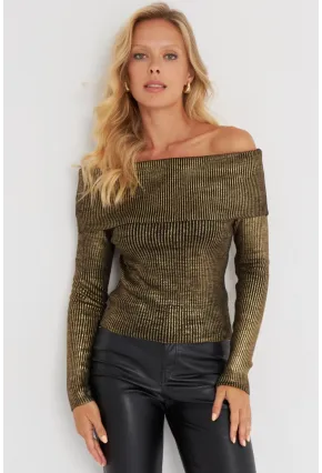 Kadın Gold Rengi Varaklı Madonna Triko Bluz SF2523