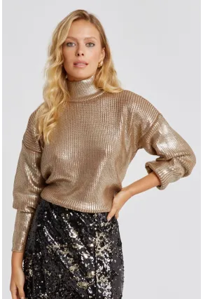 Kadın Gold Rengi Varakli Triko Bluz SF2530
