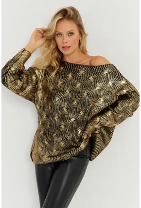 Kadın Gold Rengi Varaklı Triko Kazak SF2533