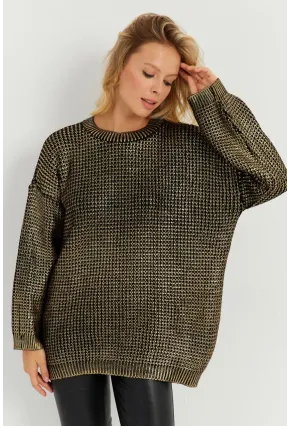 Kadın Gold Rengi Varaklı Triko Kazak SF2534