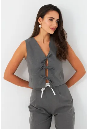 Kadın Gri Bağlama Detaylı Astarlı Yelek ELA6645