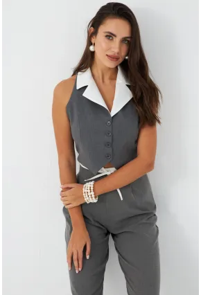 Kadın Gri-Beyaz Yaka Detaylı Astarlı Yelek ELA6823