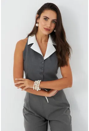 Kadın Gri-Beyaz Yaka Detaylı Astarlı Yelek ELA6823