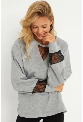 Kadın Gri Dantel Detaylı Sweatshirt EY2906