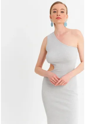 Kadın Gri Dekolteli Kaşkorse Midi Elbise OR2460