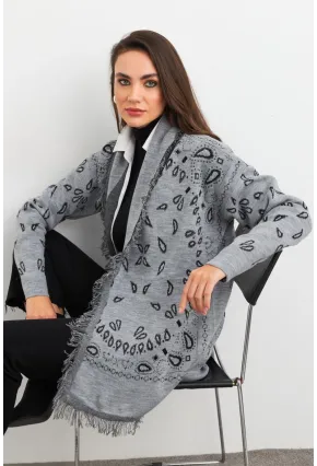 Kadın Gri Desenli Triko Hırka MVI14209